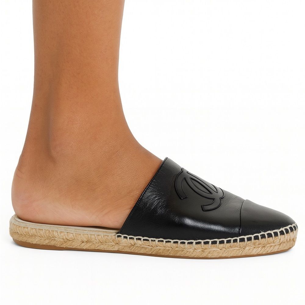 CHANEL Black Espadrille CC Logo Leather Slip-On Shoes IT36
